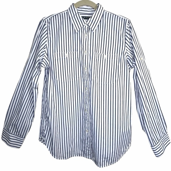 Lauren Ralph Lauren NWT White Cotton Navy Blue Striped Shirt Size Medium - Picture 5 of 16